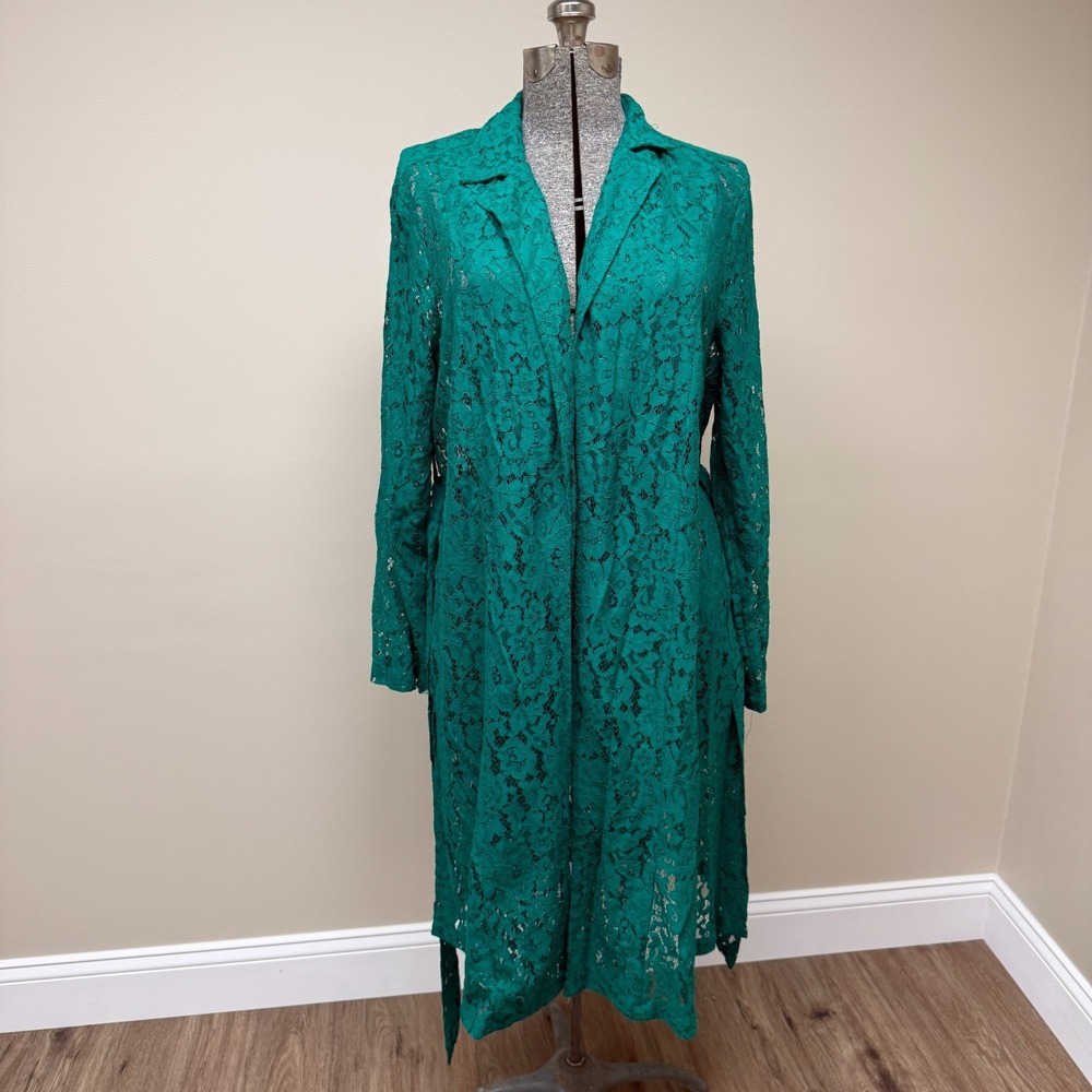 Torrid Lace Duster Coat Sz 1 14-16 Emerald Green Floral Tied Waist 1X 18650784